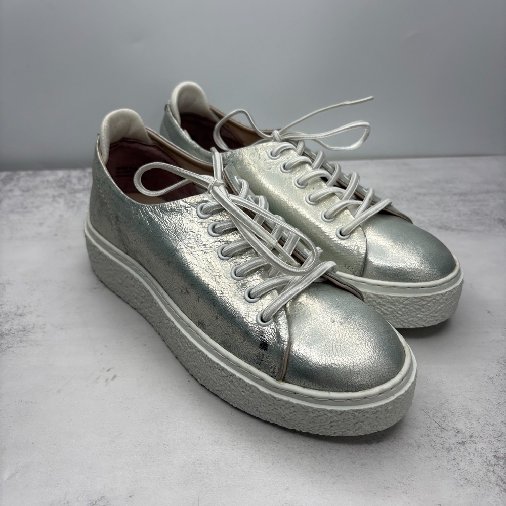 Sey by Seychelles Platform Sneakers 6.5 Silver Metallic Leather Lace Up Casual